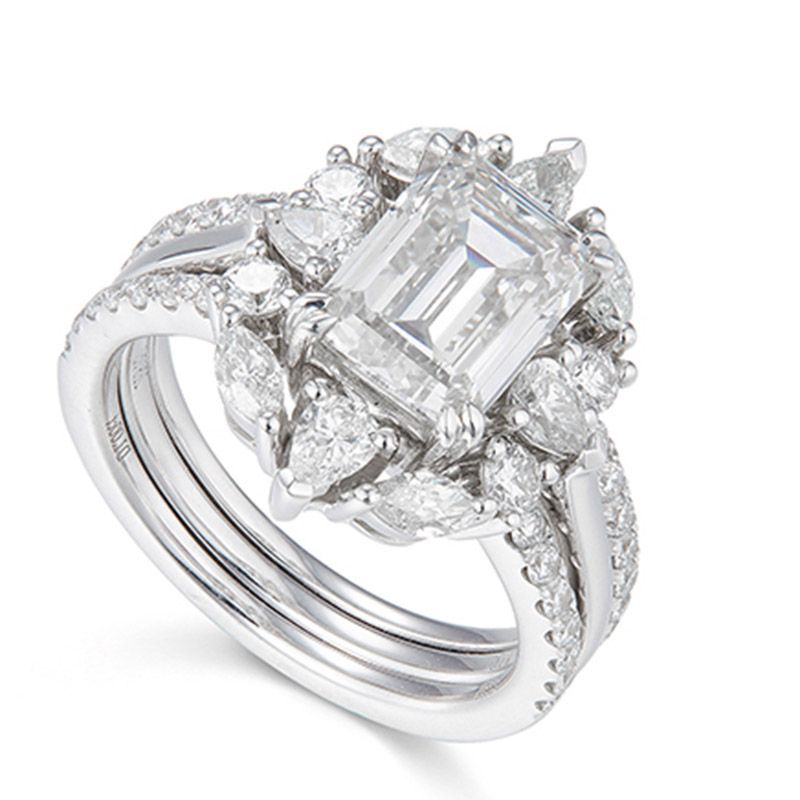 Halo Flower Shape Emerald Cut Created White Sapphire Ring Sets