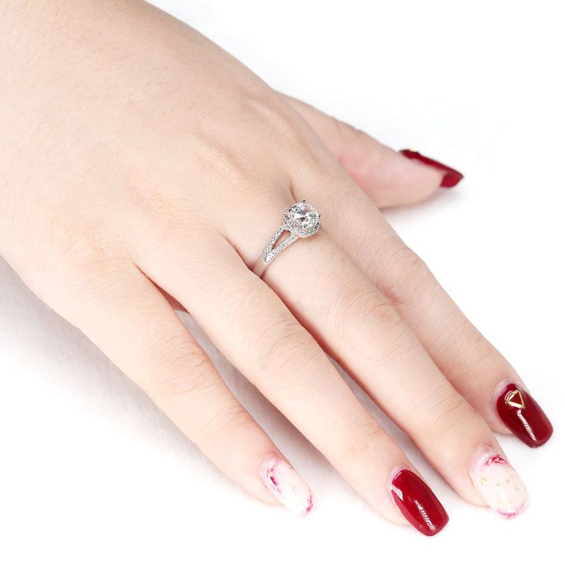 Round Brilliant Cut Split Shank Halo Sapphire Engagement Ring