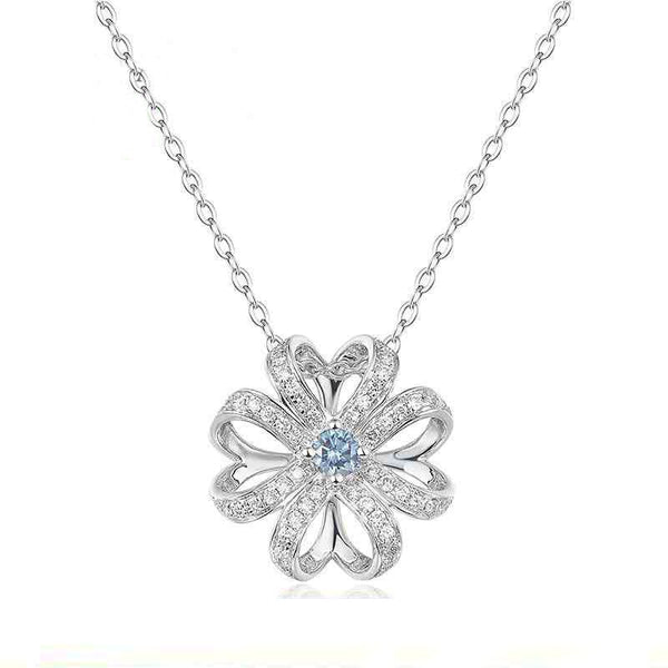 Flower Shape Round Cut Created Aquamarine Sterling Silver Necklace