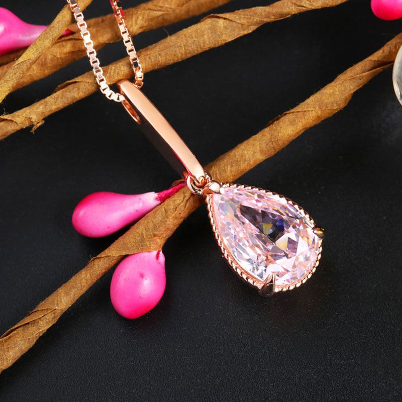 Rose Gold Pear Cut Created Pink Sapphire Sterling Silver Necklace