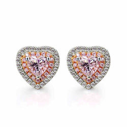 Heart Shape Double Halo Created Pink Sapphire Sterling Silver Earrings