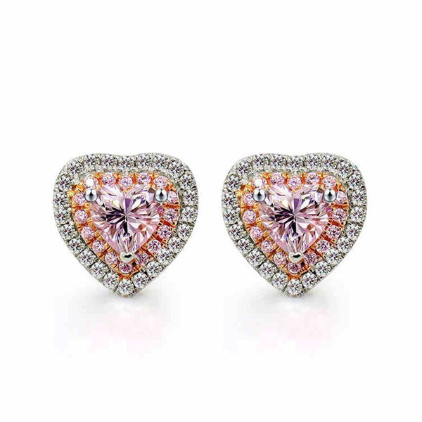Heart Shape Double Halo Created Pink Sapphire Sterling Silver Earrings