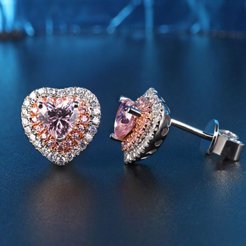 Heart Shape Double Halo Created Pink Sapphire Sterling Silver Earrings