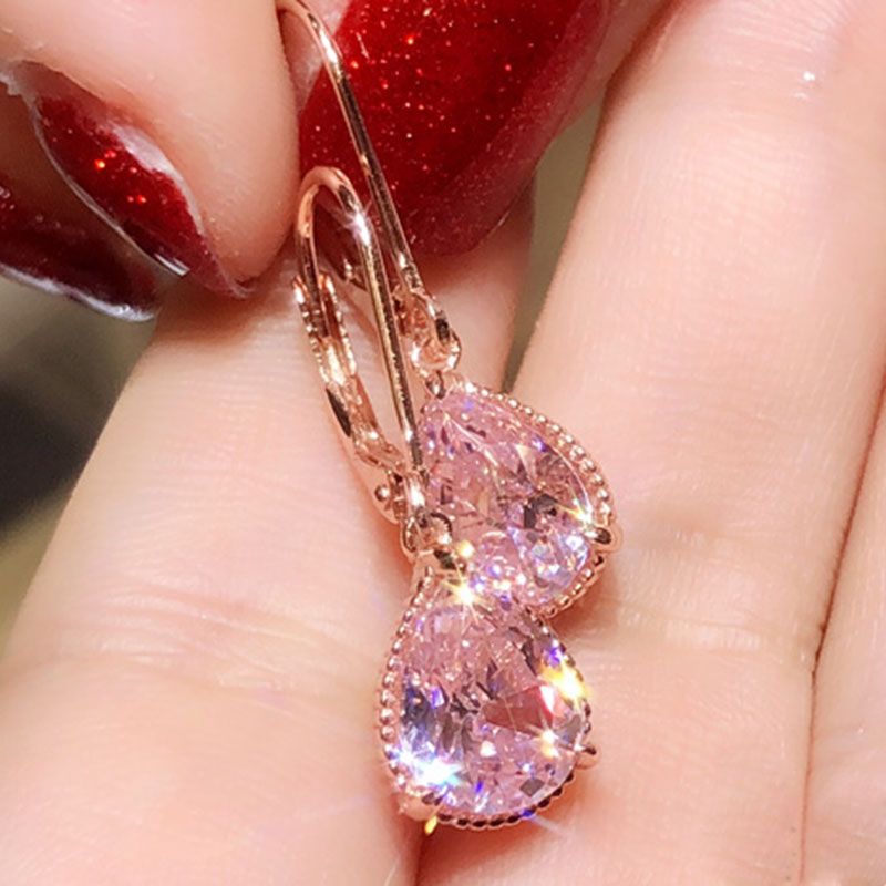 Luxury Rose Gold Pear Cut Created Pink Sapphire Earrings
