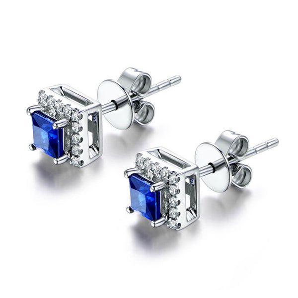 Halo Princess Cut Created Sapphire Sterling Silver Earrings