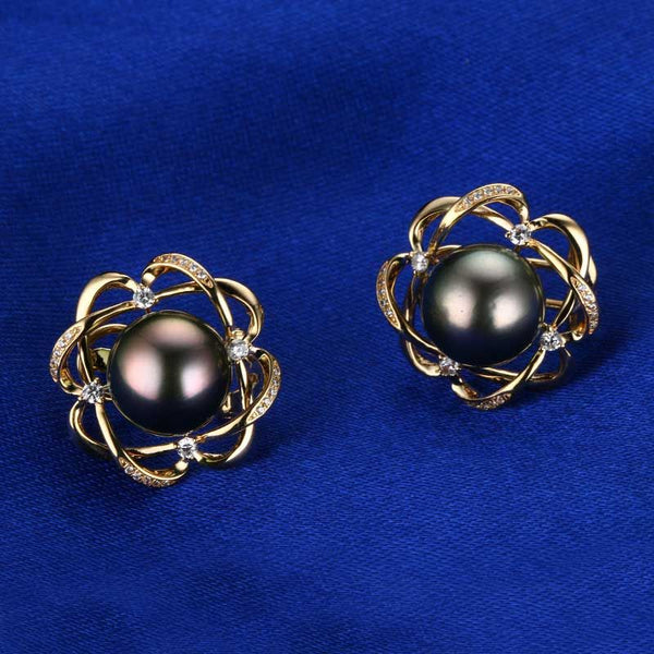 14K Rose Gold Tahitian Black Pearl And Moissanite Stud Drop Earrings For Women's