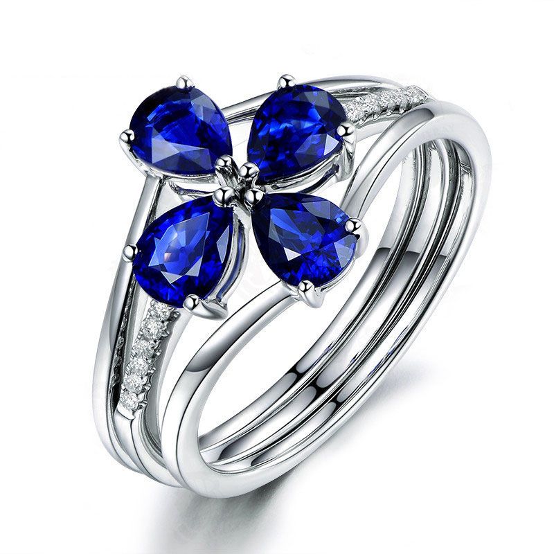 3PC Flower Pear Cut Created Sapphire Sterling Silver Wedding Ring Set