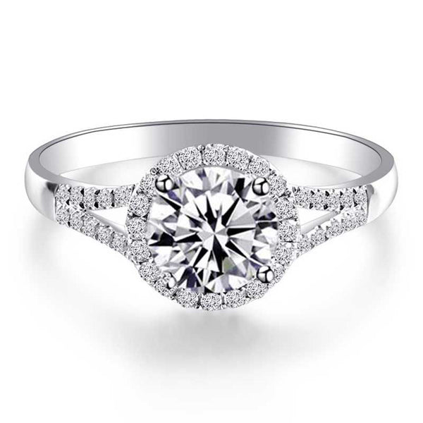 Round Brilliant Cut Split Shank Halo Sapphire Engagement Ring