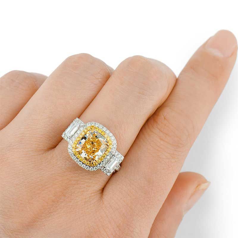 3-Stone Emerald Cut And Cushion Cut Halo Unique Yellow Sapphire Engagement Rings