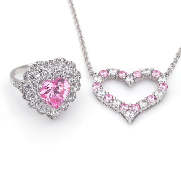 Heart Pink and White Created Sapphire Ring and Necklace Jewelry Set