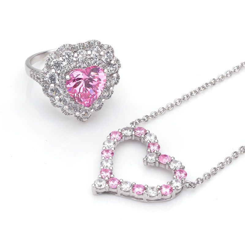 Heart Pink and White Created Sapphire Ring and Necklace Jewelry Set