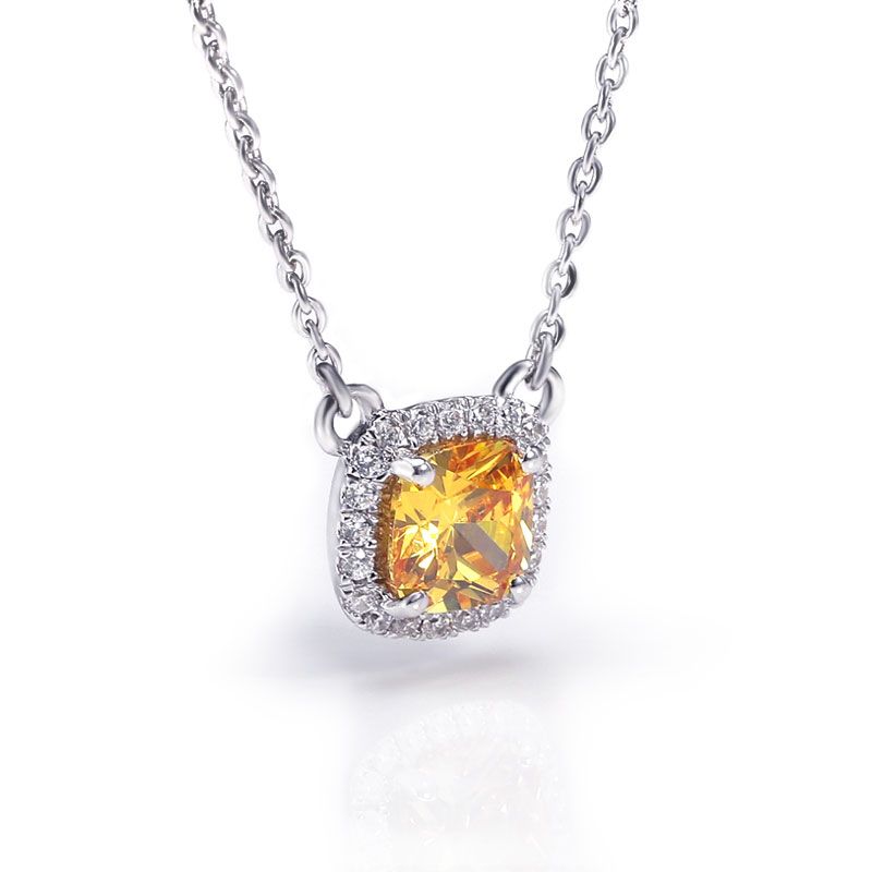 Halo Yellow Sapphire Princess Cut Necklace