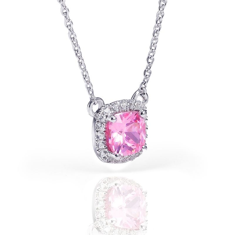 Halo Pink Sapphire Princess Cut Necklace